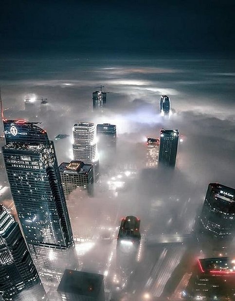 Downtown LA at night and foggy